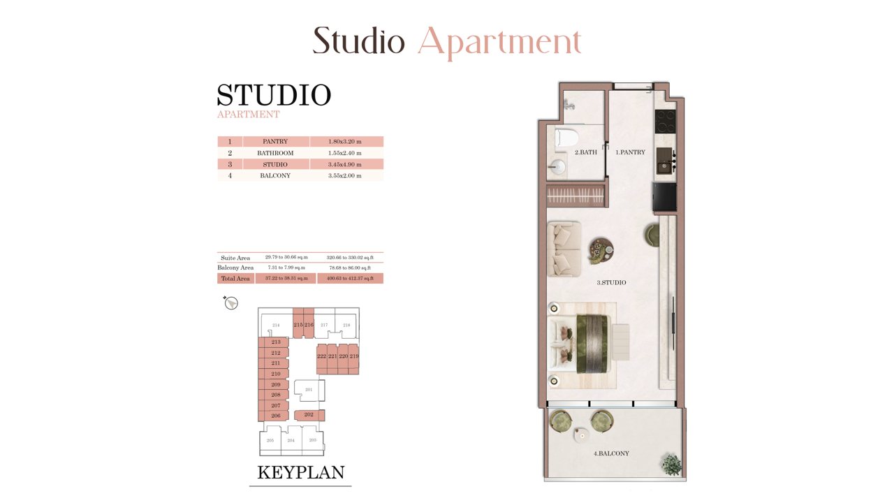 Studio — 400.6 – 412.4 sq ft (37.2 – 38.3 SQM)