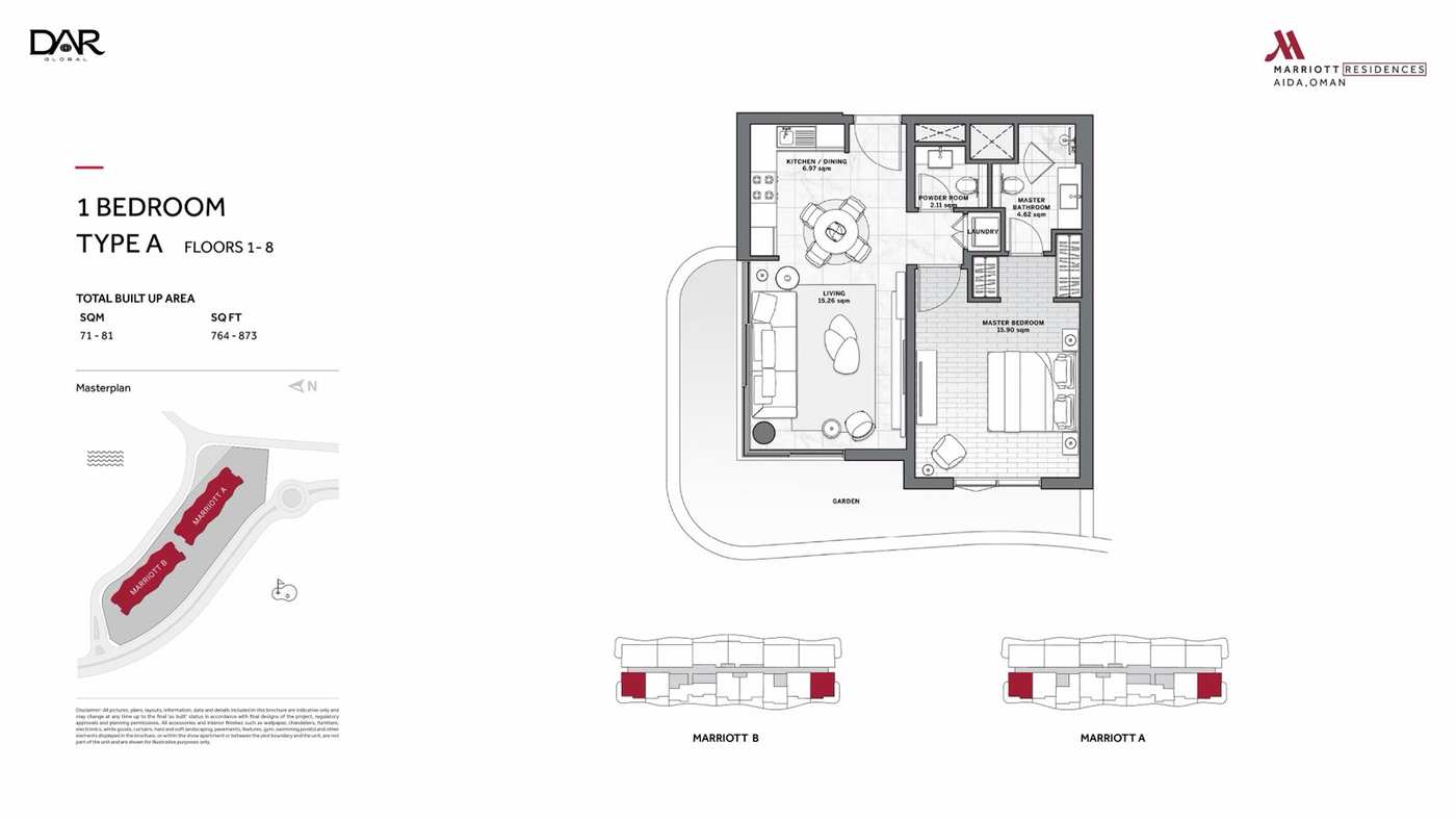 1 Bedroom — Type A · Floors 1–8 · 71–81 sqm