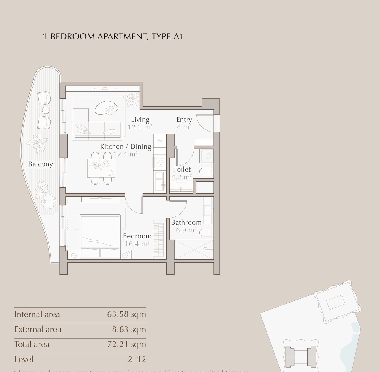 1 Bedroom Apartment, Type A1 · total 72.21 sqm · Level 2–12
