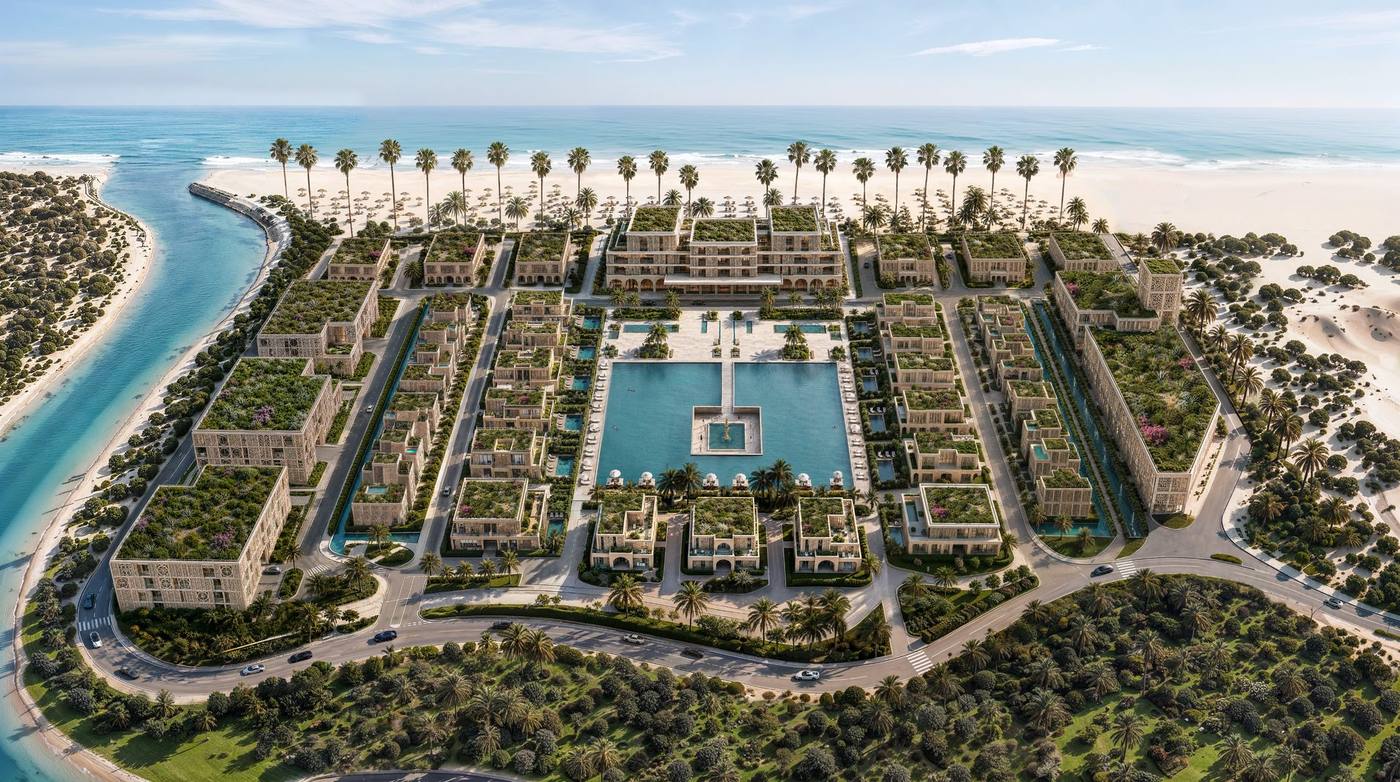 Mira Ocean Estates from the air, looking along the Arabian Sea shoreline